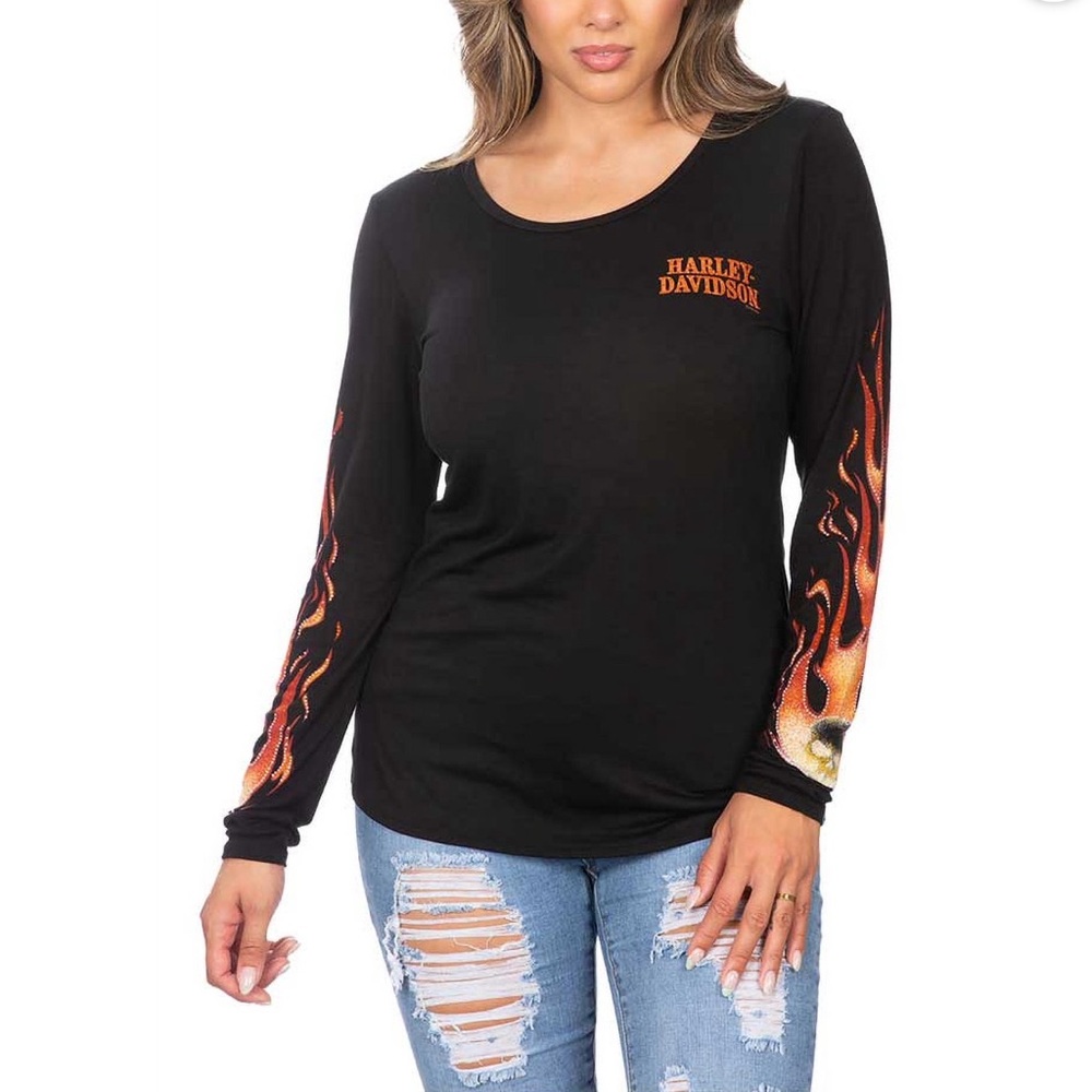 Harley Davidson Willie G Flames Long Sleeve Crew-Neck Top Women’s Size 2XL
